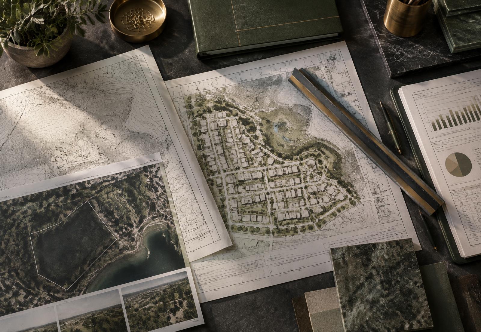 Site plans and project documents on a planning desk