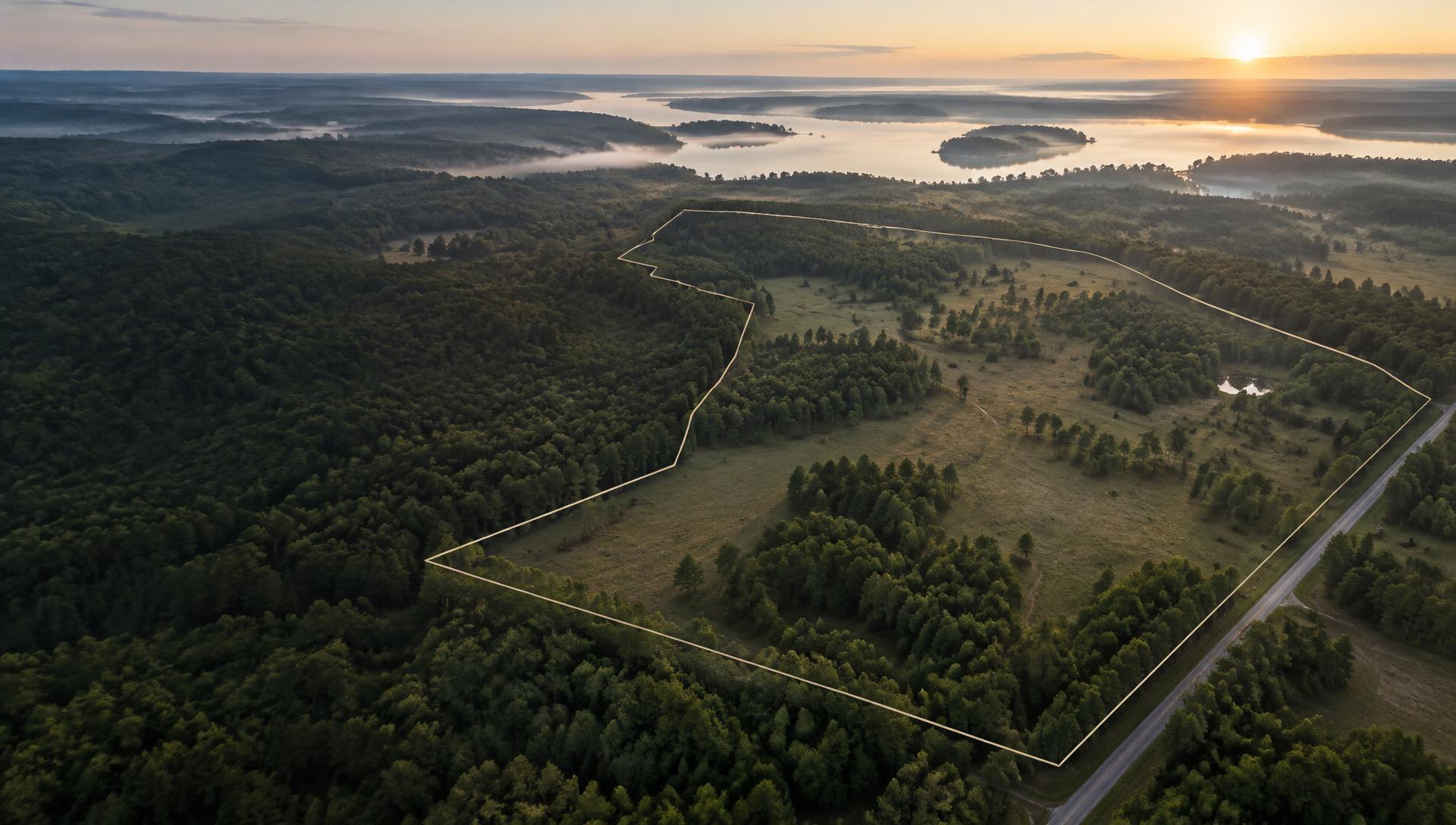 Aerial view of an outlined land opportunity at sunrise
