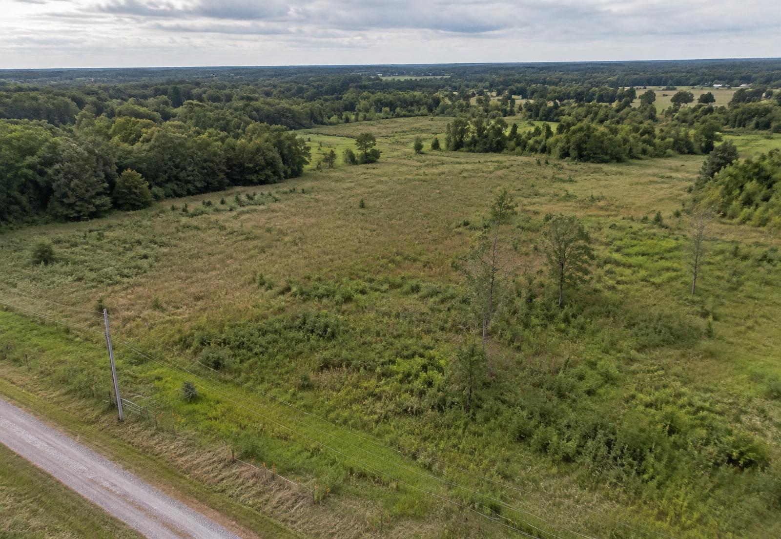 Aerial view of undeveloped land with road access and utility lines